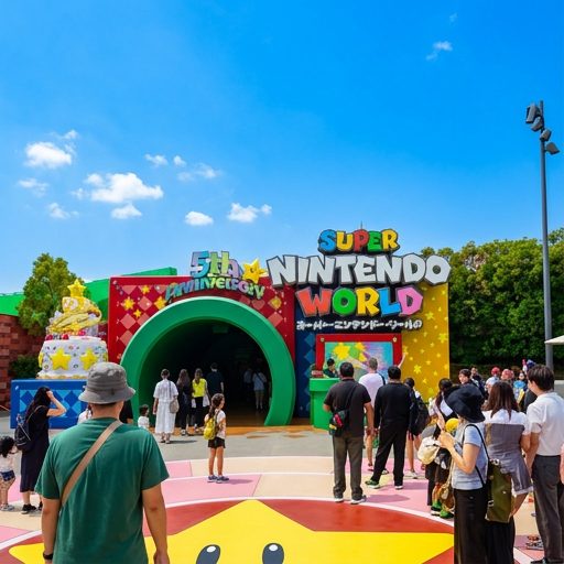 Super Nintendo World 5th-anniversary arch and 25th-anniversary decor