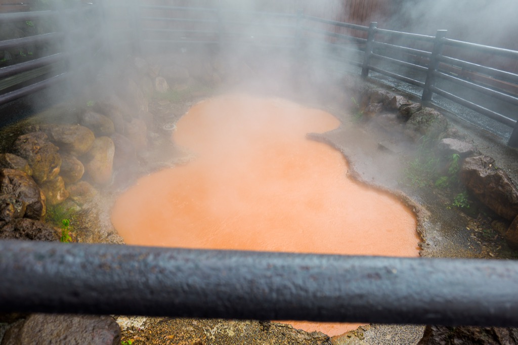Red pond of Chinoike Jigoku from the viewing platform
