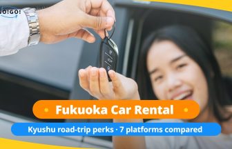Fukuoka car rental key handover to a traveler in Kyushu