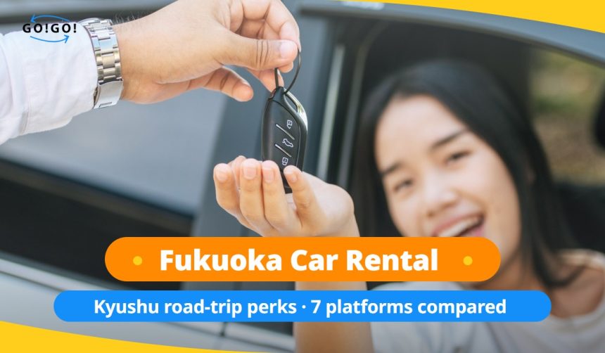 Fukuoka car rental key handover to a traveler in Kyushu