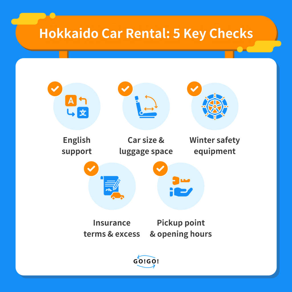 Five things to check when choosing a Hokkaido rental car: English support, car size, winter equipment, insurance and pickup access