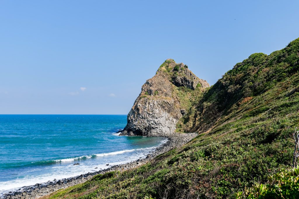 Keya no Otomon Park coastline, home to one of Japan's three great basalt sea caves