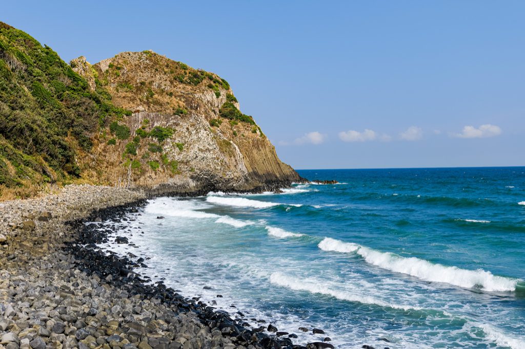 Windswept Genkai Sea coastline in Itoshima, Fukuoka