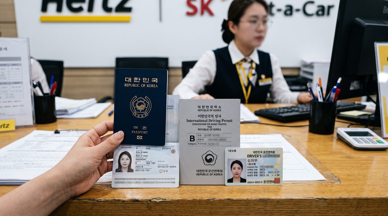 Rental car counter close-up - three original documents placed on counter, photorealistic hands