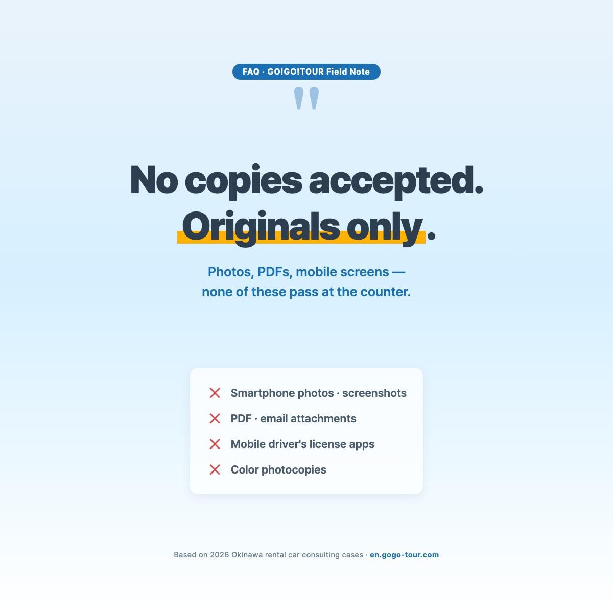 FAQ quote card - 'Copies not accepted. Originals only.' bold statement, vertical blue card