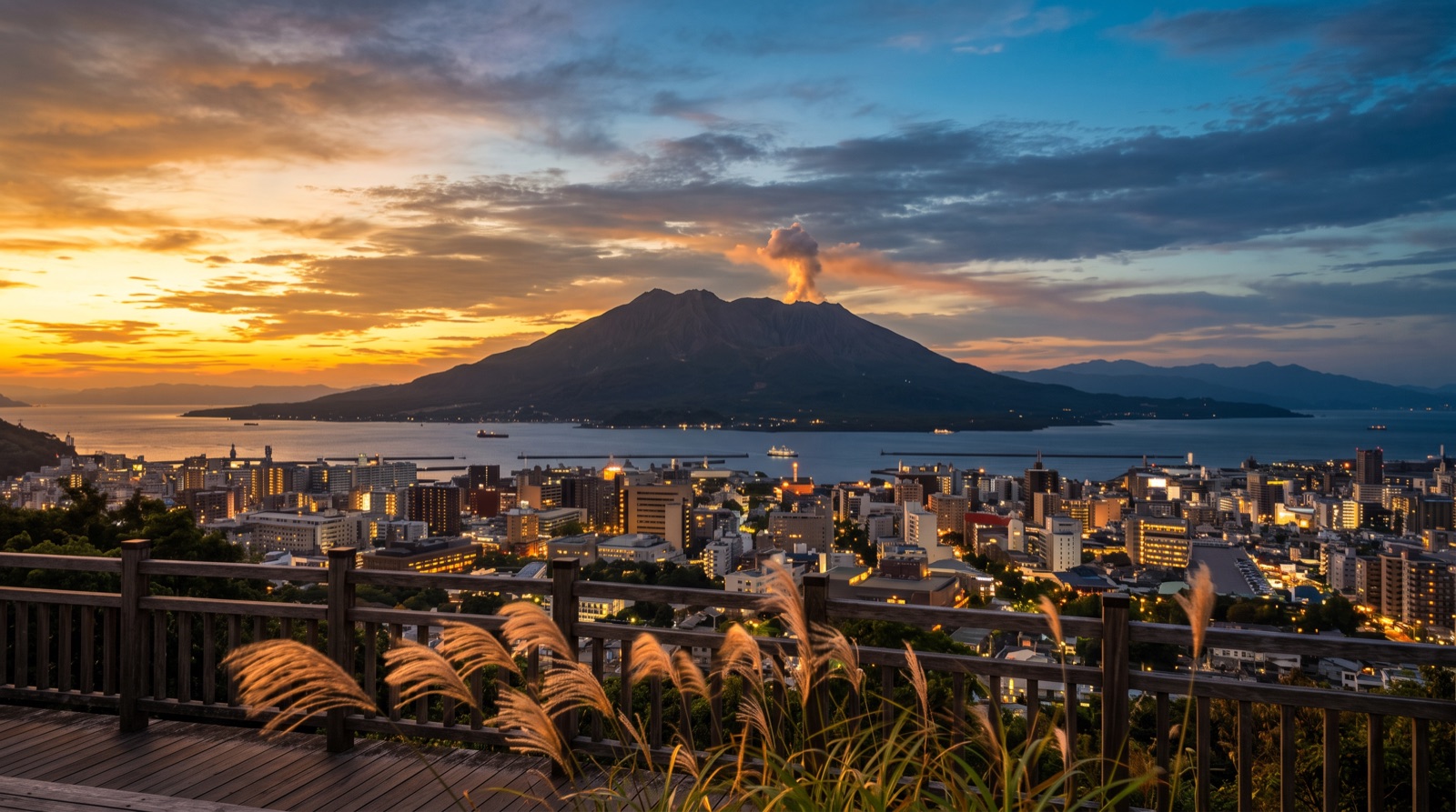 Early evening in October Kagoshima — Sakurajima silhouetted from the Shiroyama observatory with the city lights beginning to twinkle and pampas grass framing the foreground