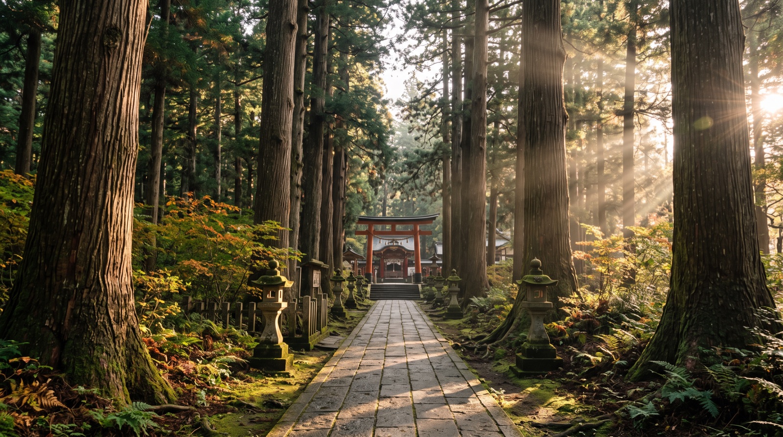 The cedar-lined approach to Kirishima Jingu shrine — soft early-autumn sunlight filtering through old-growth forest at one of the largest shrines in southern Kyushu