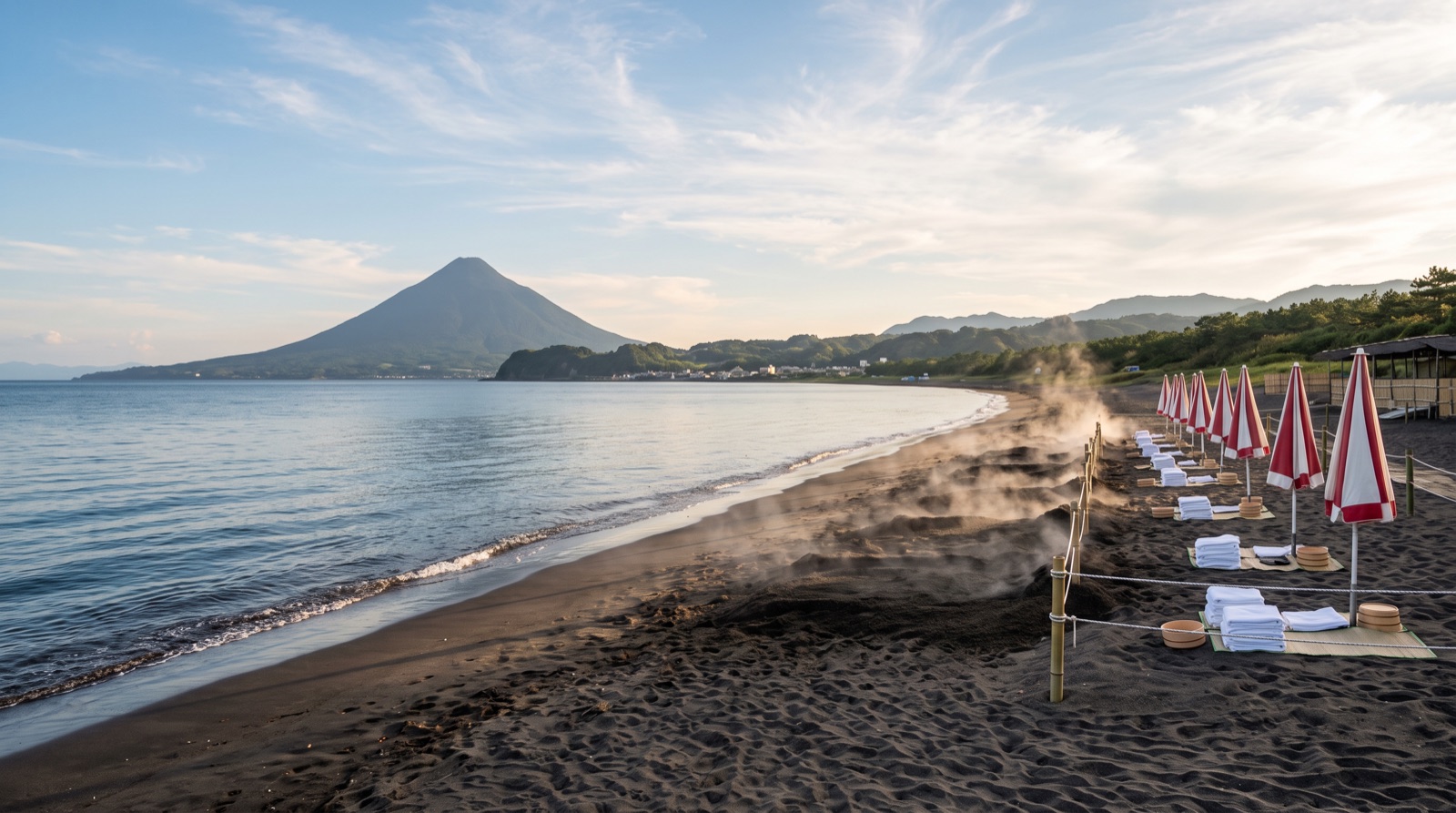 The Ibusuki sand-bath (砂むし, sunamushi) beach on an October afternoon — the residual summer heat has broken, making post-sweat recovery in the cool sea breeze feel especially good