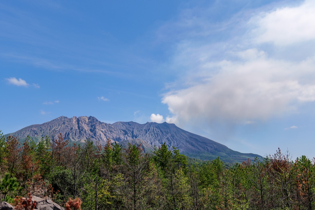 Smoke rising from Sakurajima under a clear blue sky