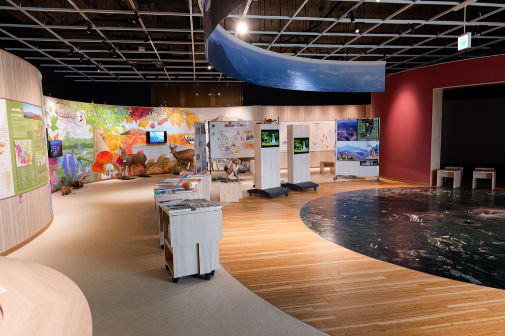 Volcano and nature exhibits inside Takachiho-gawara Visitor Center