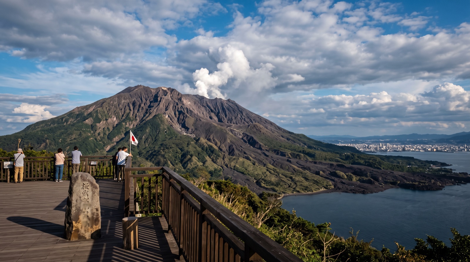 Sakurajima volcano and Kinko Bay — the iconic view of an active volcano floating just off downtown Kagoshima