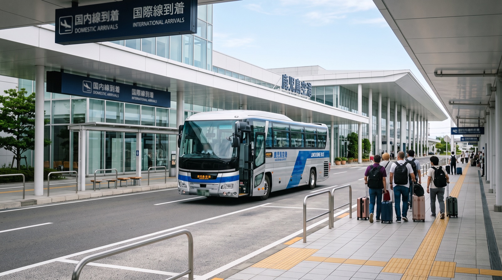Kagoshima Airport international arrivals with the airport limousine bus stop — about 40 minutes to Kagoshima-Chuo station in the city center
