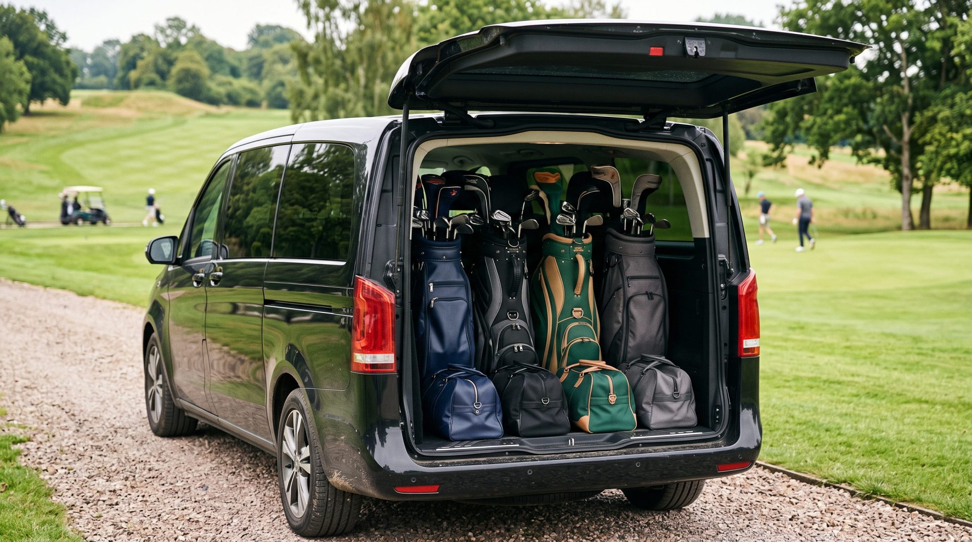 Open rear hatch of a Hi-Ace at a Kyushu golf course with four Tour travel bags loaded upright