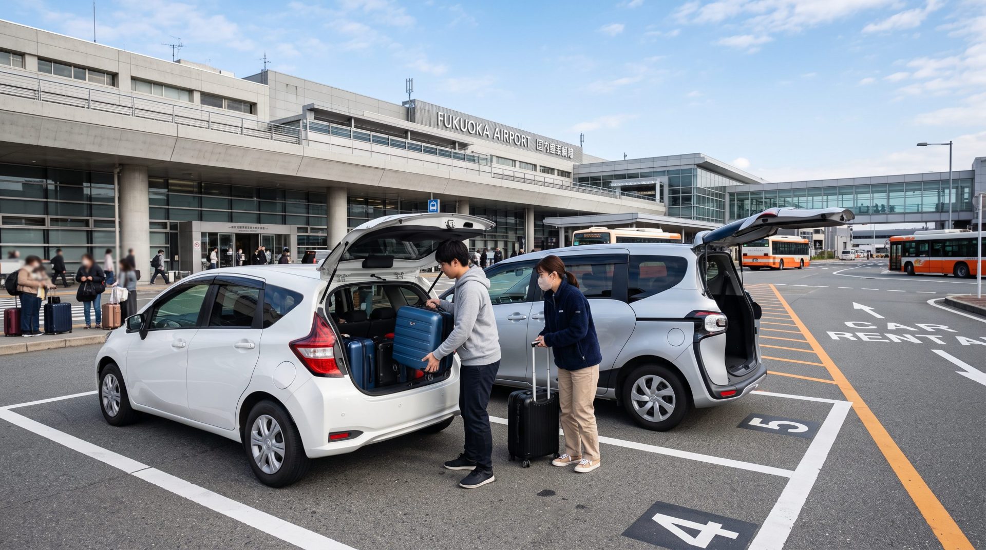 Foreign traveller loading suitcases into a SIENTA at Fukuoka Airport rental car pickup zone