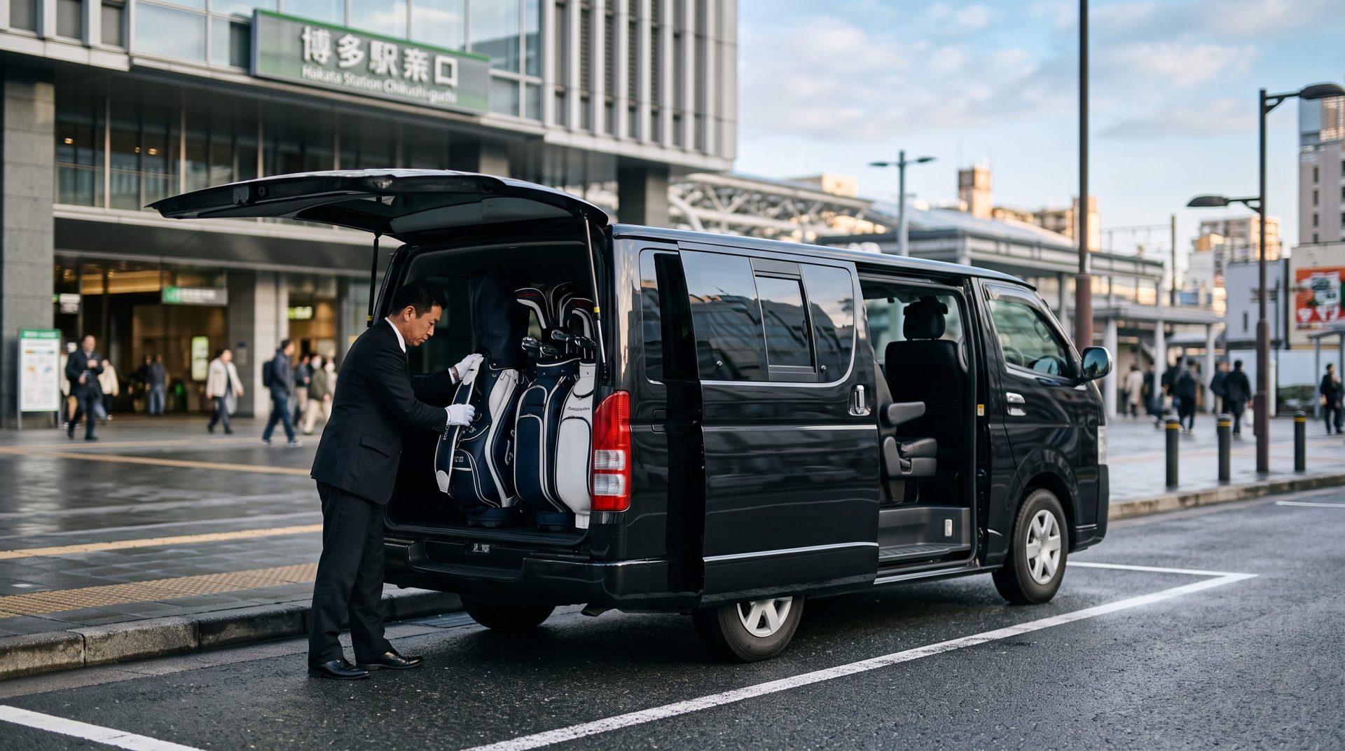 Chauffeur loading a golf travel bag into the back of a Hi-Ace at Hakata Station Chikushi Exit