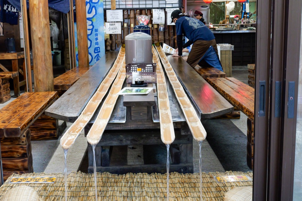 Bamboo water channels at a nagashi somen dining facility