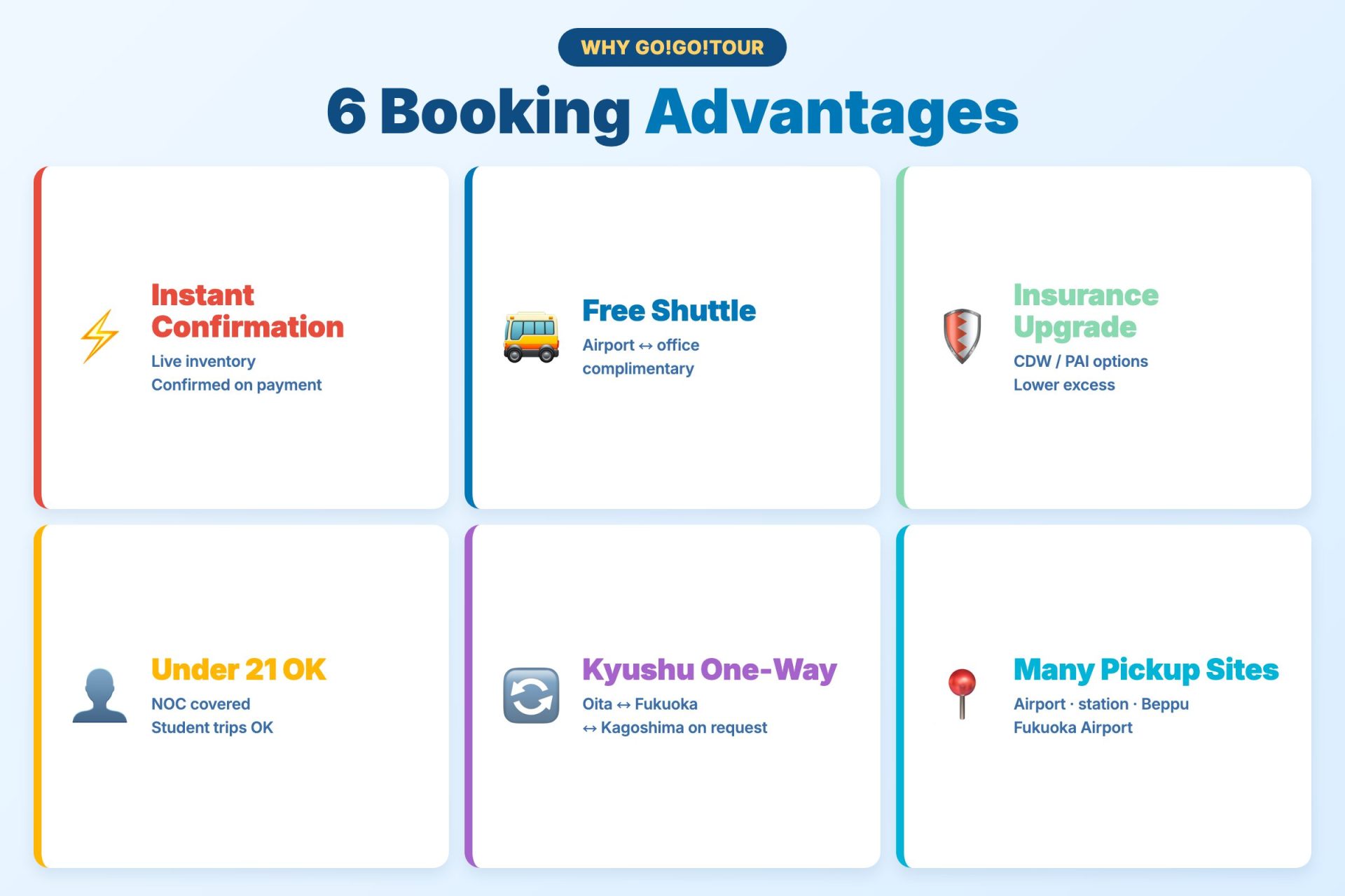 Six GO!GO!TOUR booking perks — instant confirm, free shuttle, insurance, NOC, one-way, pickup locations