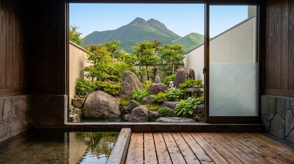 Morning view of Mount Yufu (由布岳) from a Yufuin ryokan open-air bath — Oita is officially "Japan's No.1 Onsen Prefecture"