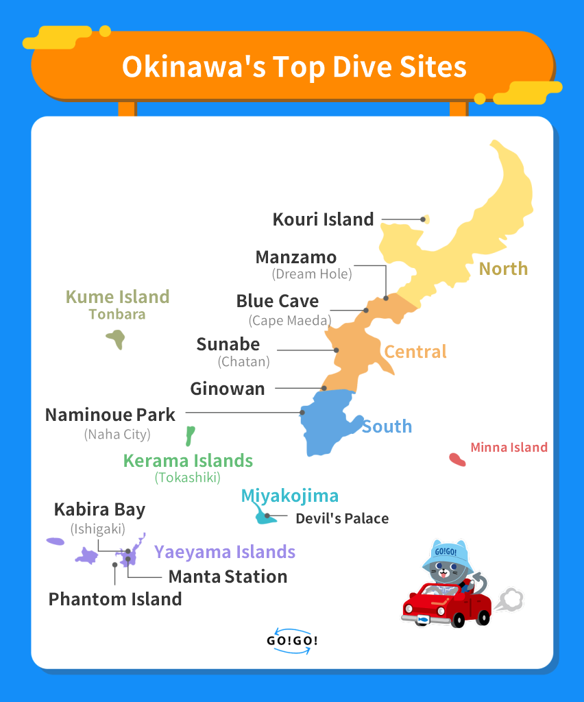Map of popular dive sites across mainland Okinawa, the Kerama Islands, Kume, Yaeyama and Miyakojima