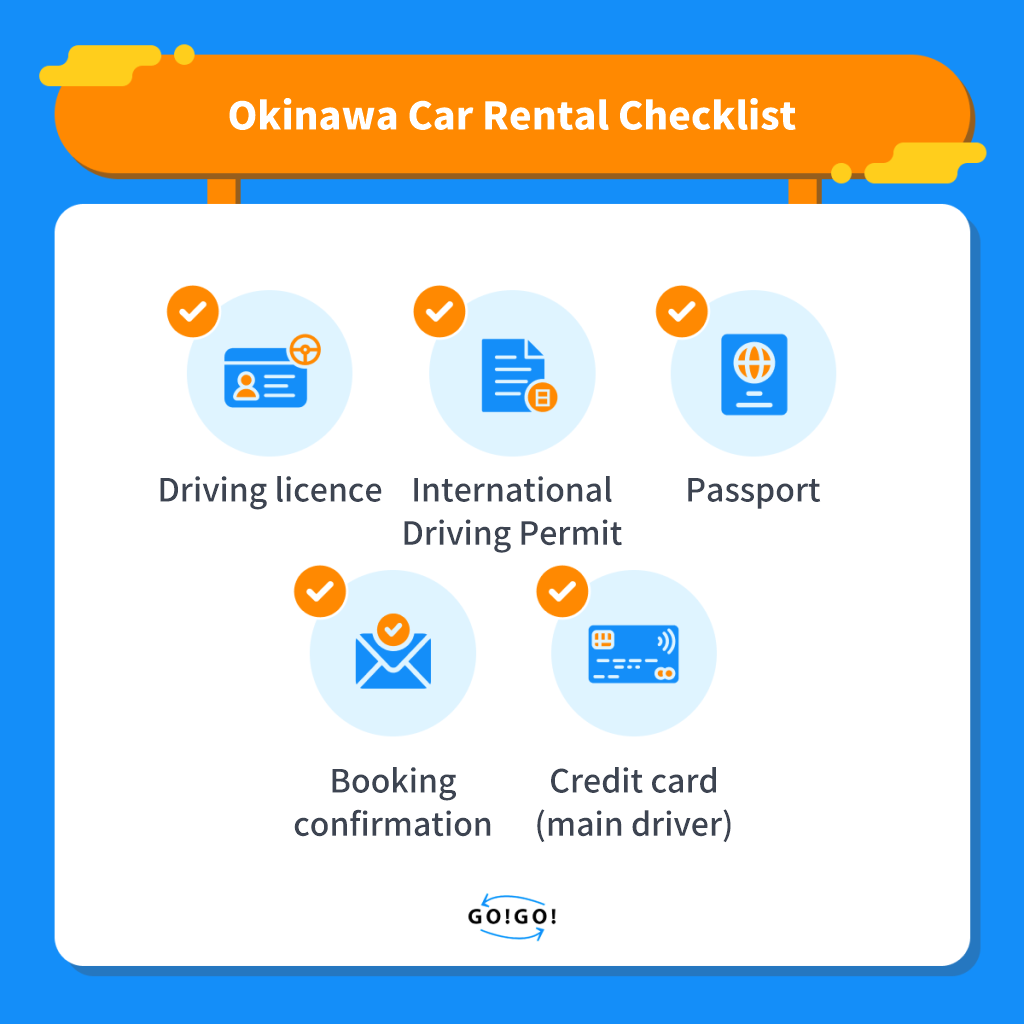 Checklist of documents needed to rent a car in Okinawa: driving licence, International Driving Permit, passport, booking confirmation and the main driver's credit card