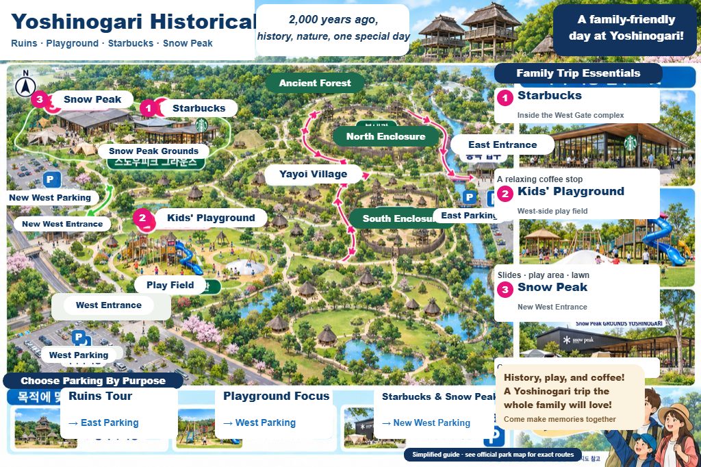 Yoshinogari Historical Park layout — East and West Gates, playground, Starbucks, Snow Peak, parking guide
