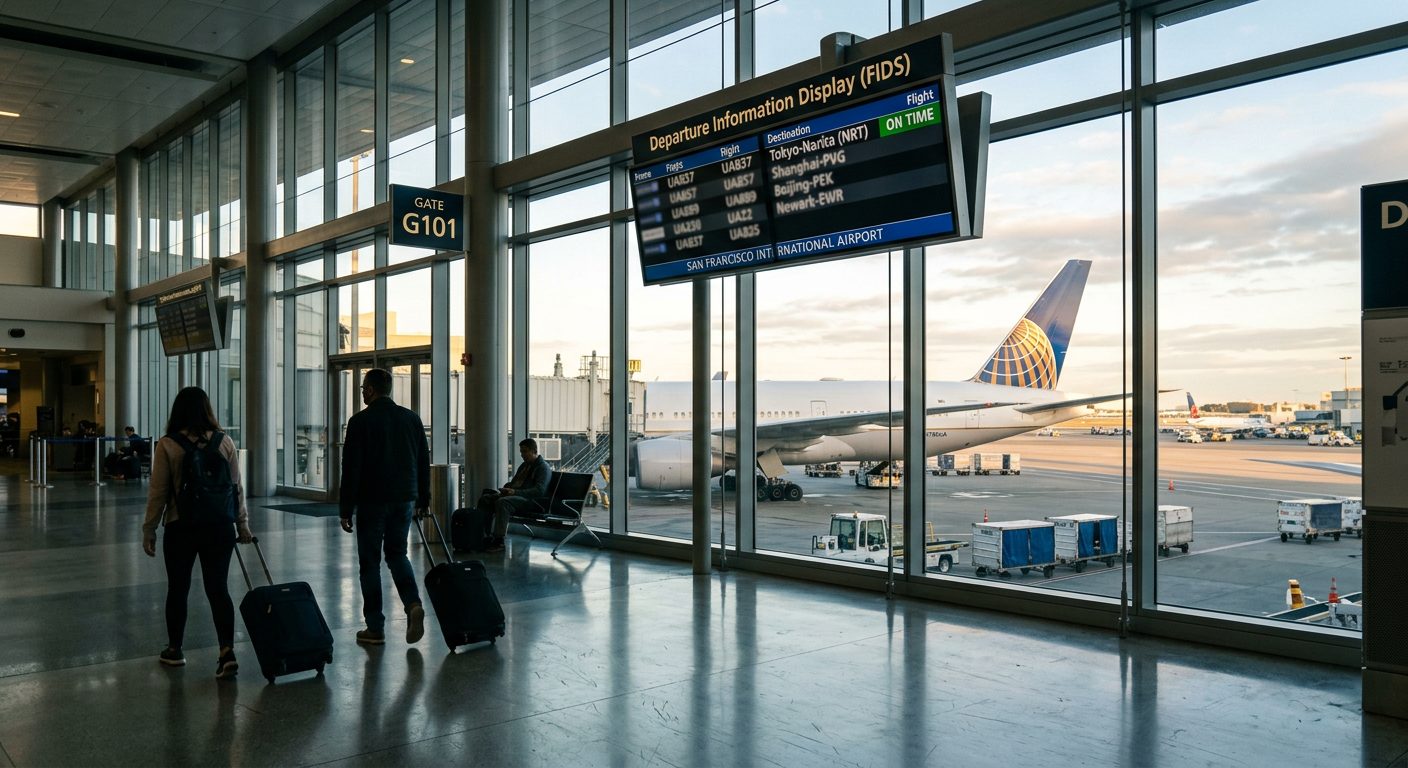 San Francisco International Airport international terminal gate at sunrise with a United Boeing 777-200ER at the jet bridge