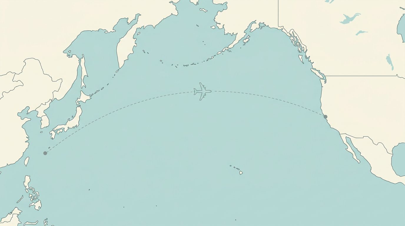 Minimalist infographic map of the North Pacific showing the SFO to Okinawa nonstop route arc