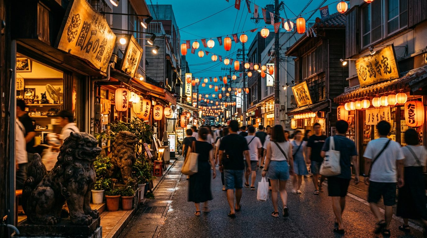 Kokusai-dori in Naha at blue hour with red paper lanterns, warm shop lights, and a shisa lion statue
