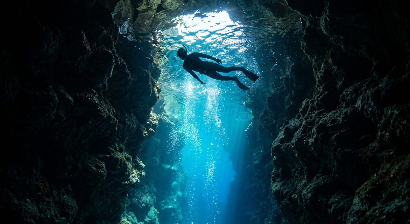 Underwater view of the Blue Cave in Onna Village with a snorkeler silhouetted against a column of vivid turquoise sunlight