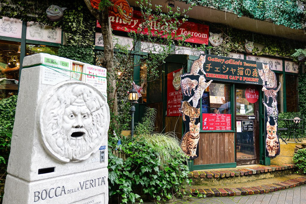 Cheshire Cat Forest gallery exterior with a Bocca della Verita stone face sculpture in the foreground