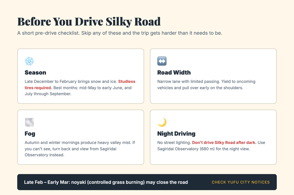 Four-point pre-drive checklist for Yufu Silky Road covering season, road width, fog and night driving