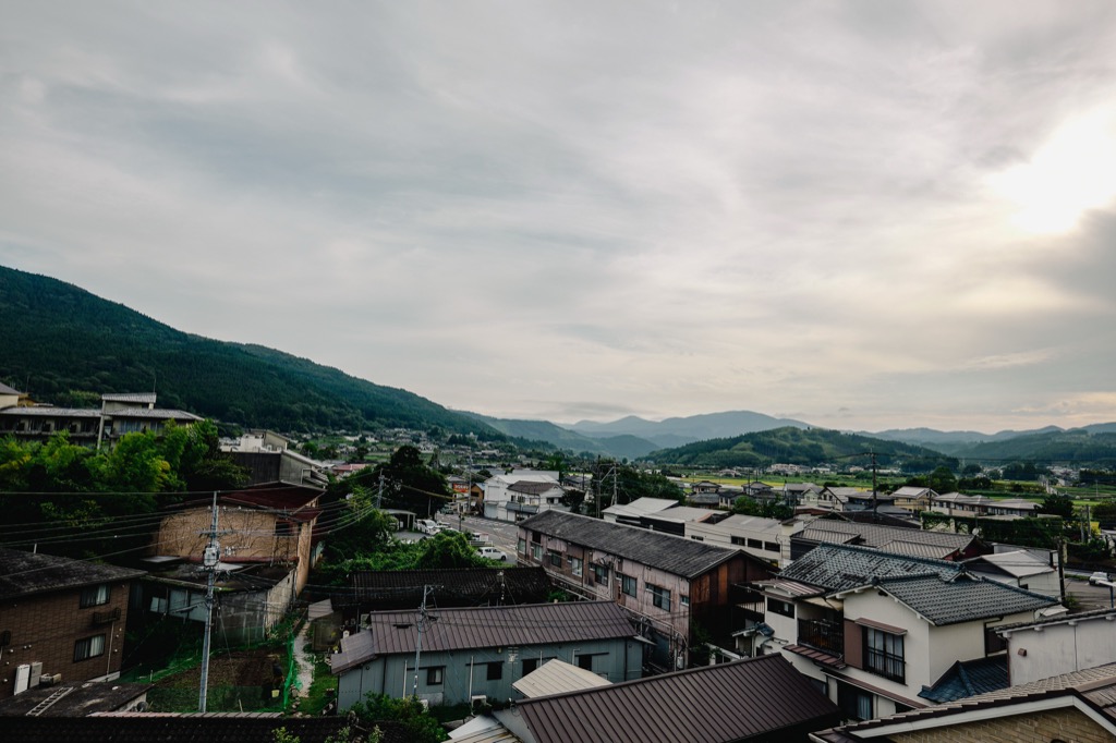 Yufuin hot-spring village spread out below the Mt. Yufu ridge