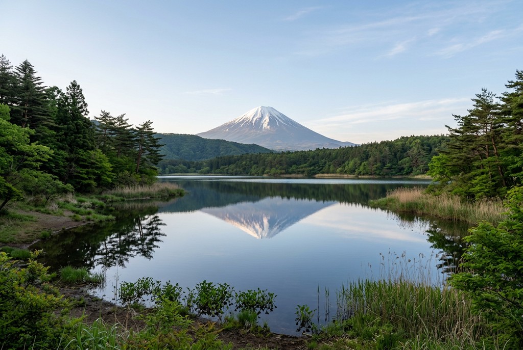 Illustrative view of Mt. Fuji reflected in a lake inspired by Lake Tanuki