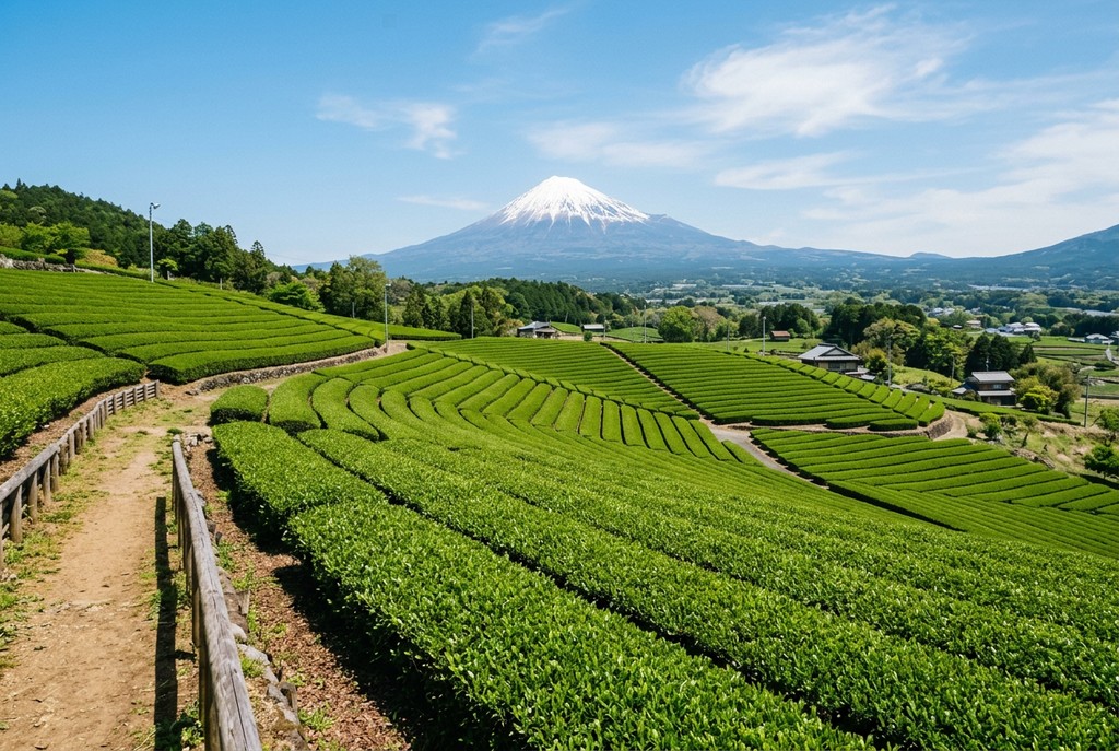 Illustrative tea-field landscape inspired by Obuchi Sasaba with Mt. Fuji