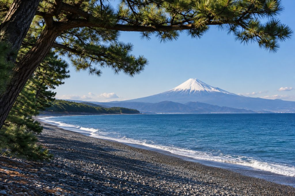 Illustrative travel scene inspired by the pine-lined shore at Miho no Matsubara with Suruga Bay and Mt. Fuji
